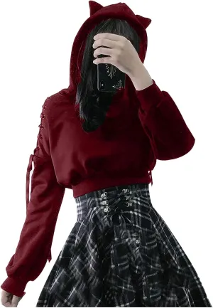 Aniywn Teen Girls Hoodies Cute Cat Ear Crop Top Gothic Hooded Sweatshirt Women Casual Long Sleeve Pullover Hodies