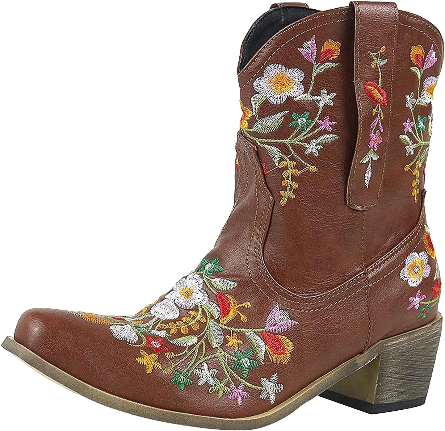 Ankle Boots for Women Cowgirl Booties for Women Western Pointed Toe Flower Embroidery Chunky Heel Slip on Women Boots