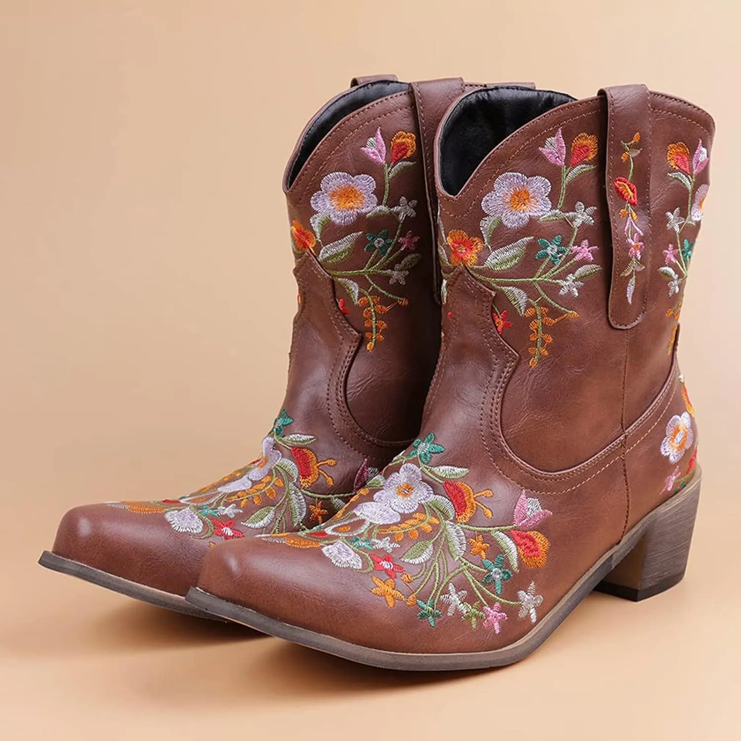 Ankle Boots for Women Cowgirl Booties for Women Western Pointed Toe Flower Embroidery Chunky Heel Slip on Women Boots