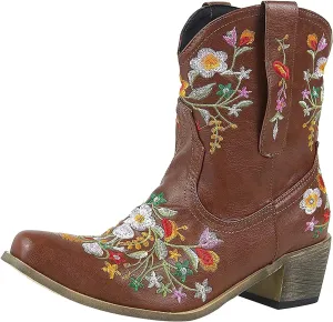 Ankle Boots for Women Cowgirl Booties for Women Western Pointed Toe Flower Embroidery Chunky Heel Slip on Women Boots