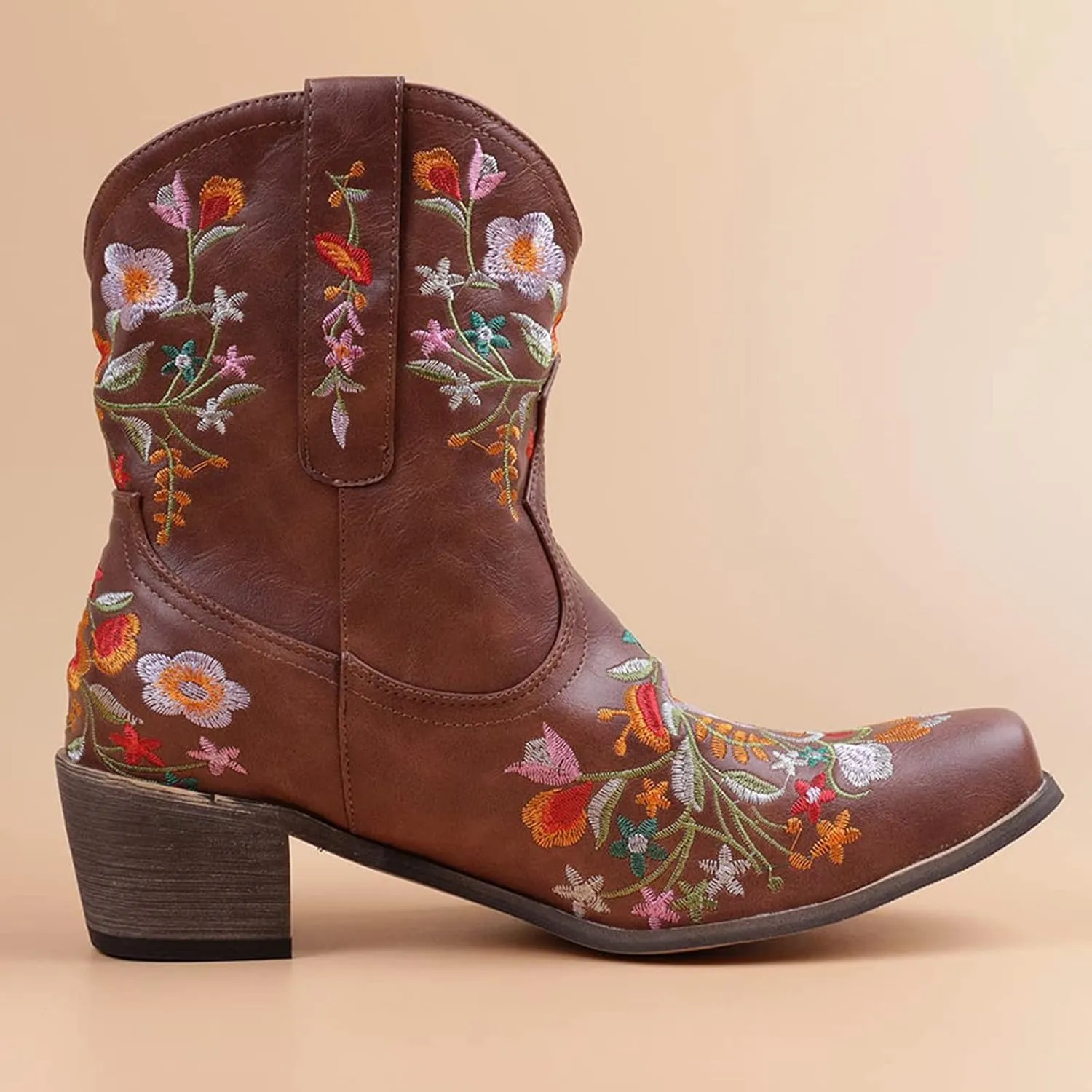 Ankle Boots for Women Cowgirl Booties for Women Western Pointed Toe Flower Embroidery Chunky Heel Slip on Women Boots