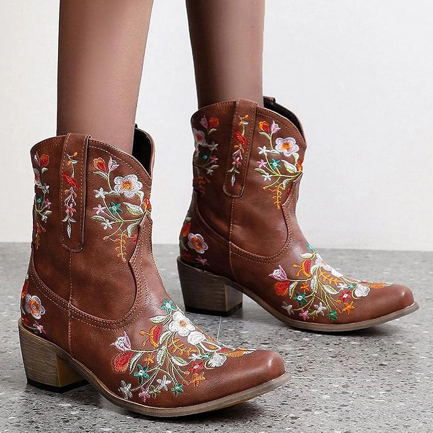 Ankle Boots for Women Cowgirl Booties for Women Western Pointed Toe Flower Embroidery Chunky Heel Slip on Women Boots