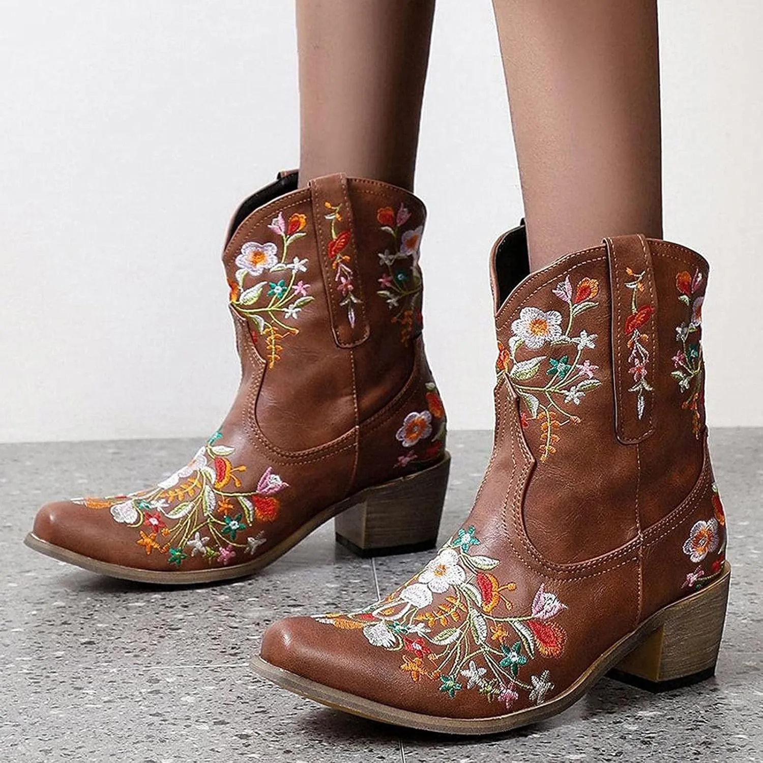 Ankle Boots for Women Cowgirl Booties for Women Western Pointed Toe Flower Embroidery Chunky Heel Slip on Women Boots