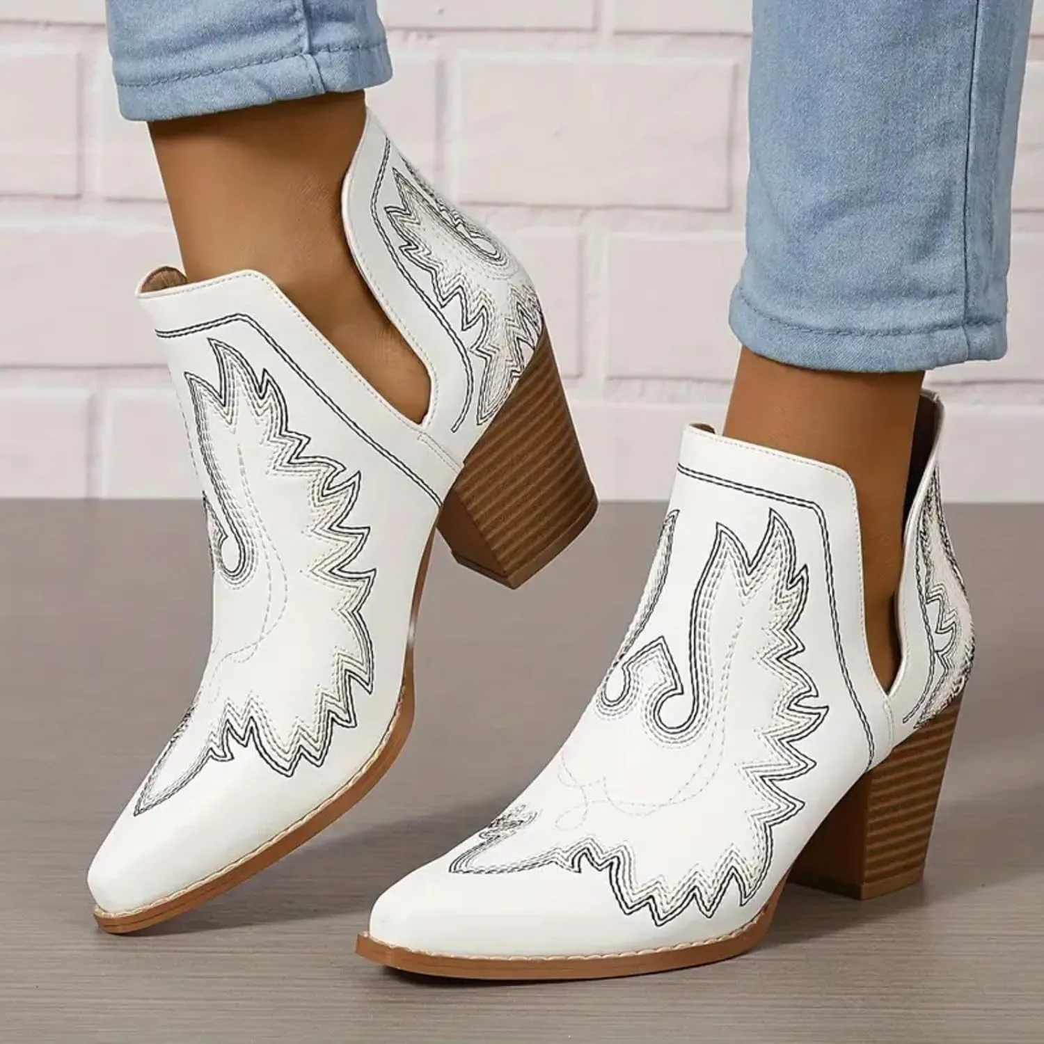 Cathalem Ankle Boots for Women Cowgirl Cowboy Western Embroidered Stitched Pointed Toe Cutout Chunky Heels Short Boots