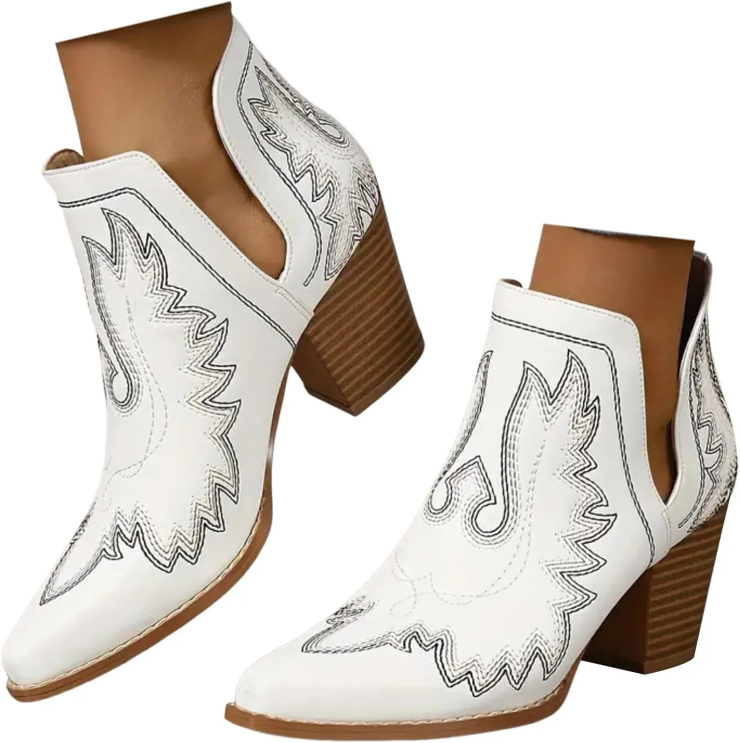 Cathalem Ankle Boots for Women Cowgirl Cowboy Western Embroidered Stitched Pointed Toe Cutout Chunky Heels Short Boots