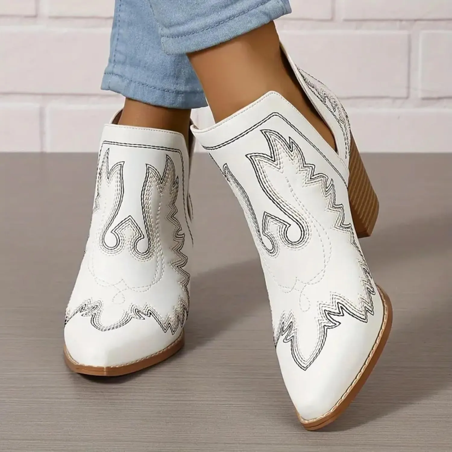 Cathalem Ankle Boots for Women Cowgirl Cowboy Western Embroidered Stitched Pointed Toe Cutout Chunky Heels Short Boots