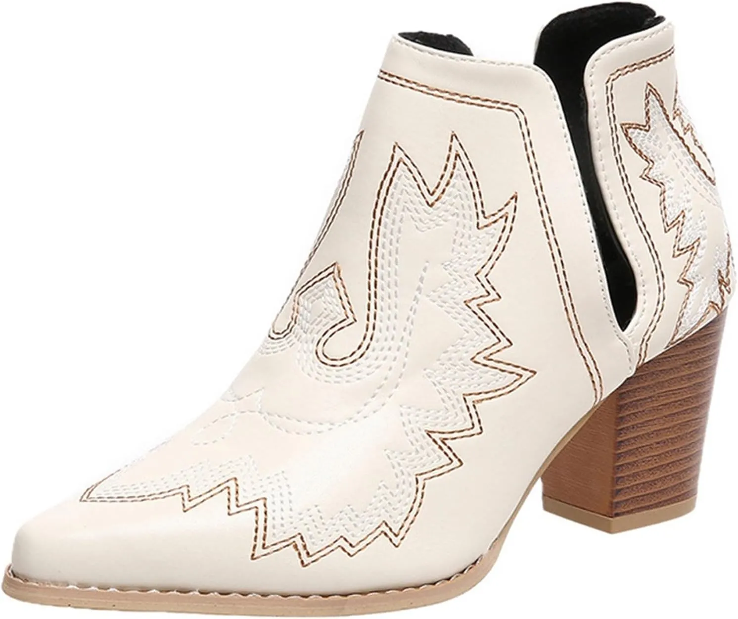 Cathalem Ankle Boots for Women Cowgirl Cowboy Western Embroidered Stitched Pointed Toe Cutout Chunky Heels Short Boots