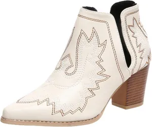 Cathalem Ankle Boots for Women Cowgirl Cowboy Western Embroidered Stitched Pointed Toe Cutout Chunky Heels Short Boots