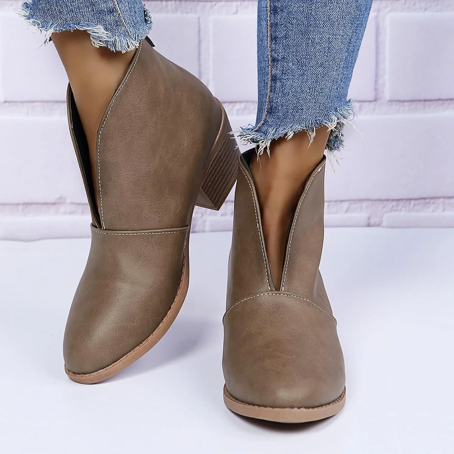 Cathalem Ankle Boots for Women Fashion Ankle Booties Slip On Pointed Toe Chunky Stacked Mid Heel Booties Western Cowboy Boots