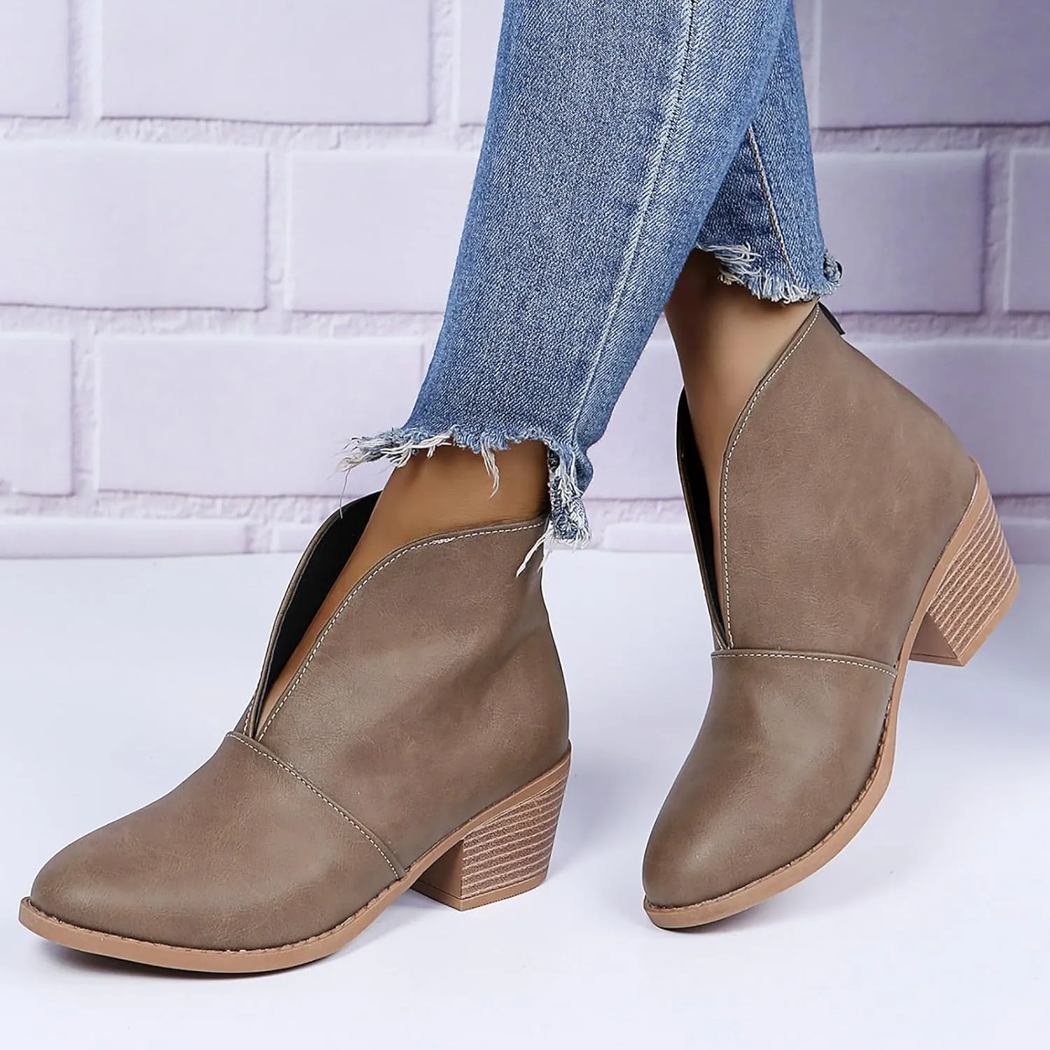 Cathalem Ankle Boots for Women Fashion Ankle Booties Slip On Pointed Toe Chunky Stacked Mid Heel Booties Western Cowboy Boots