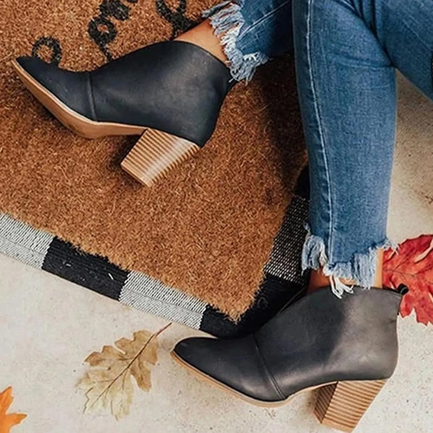 Cathalem Ankle Boots for Women, Womens Ankle Boots Pointed Toe Faux Stacked Chunky Heels Tassels Side Zipper Booties