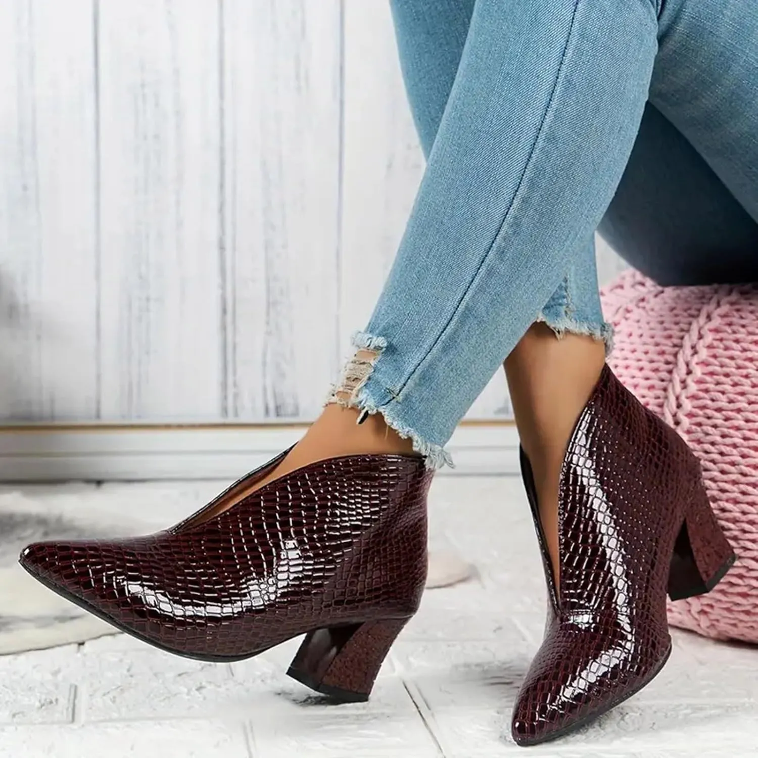 Cathalem Boots for Women,V Cut Pointed Toe Low Heel Cutout Booties Ankle Boots Comfortable Slip On Chunky Heel Warm Boots