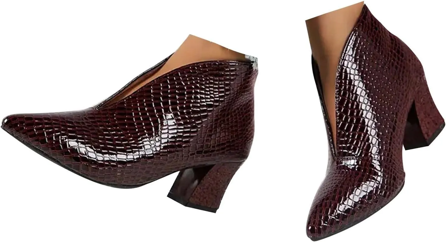 Cathalem Boots for Women,V Cut Pointed Toe Low Heel Cutout Booties Ankle Boots Comfortable Slip On Chunky Heel Warm Boots