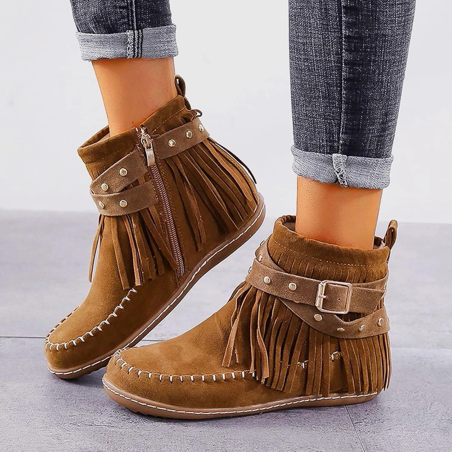 Cathalem Cowboy Boots for Women Fringe Western Cowgirl Ankle Boots Suede Tassel Boots Round Toe Flats Retro Winter Booties