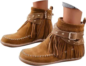 Cathalem Cowboy Boots for Women Fringe Western Cowgirl Ankle Boots Suede Tassel Boots Round Toe Flats Retro Winter Booties