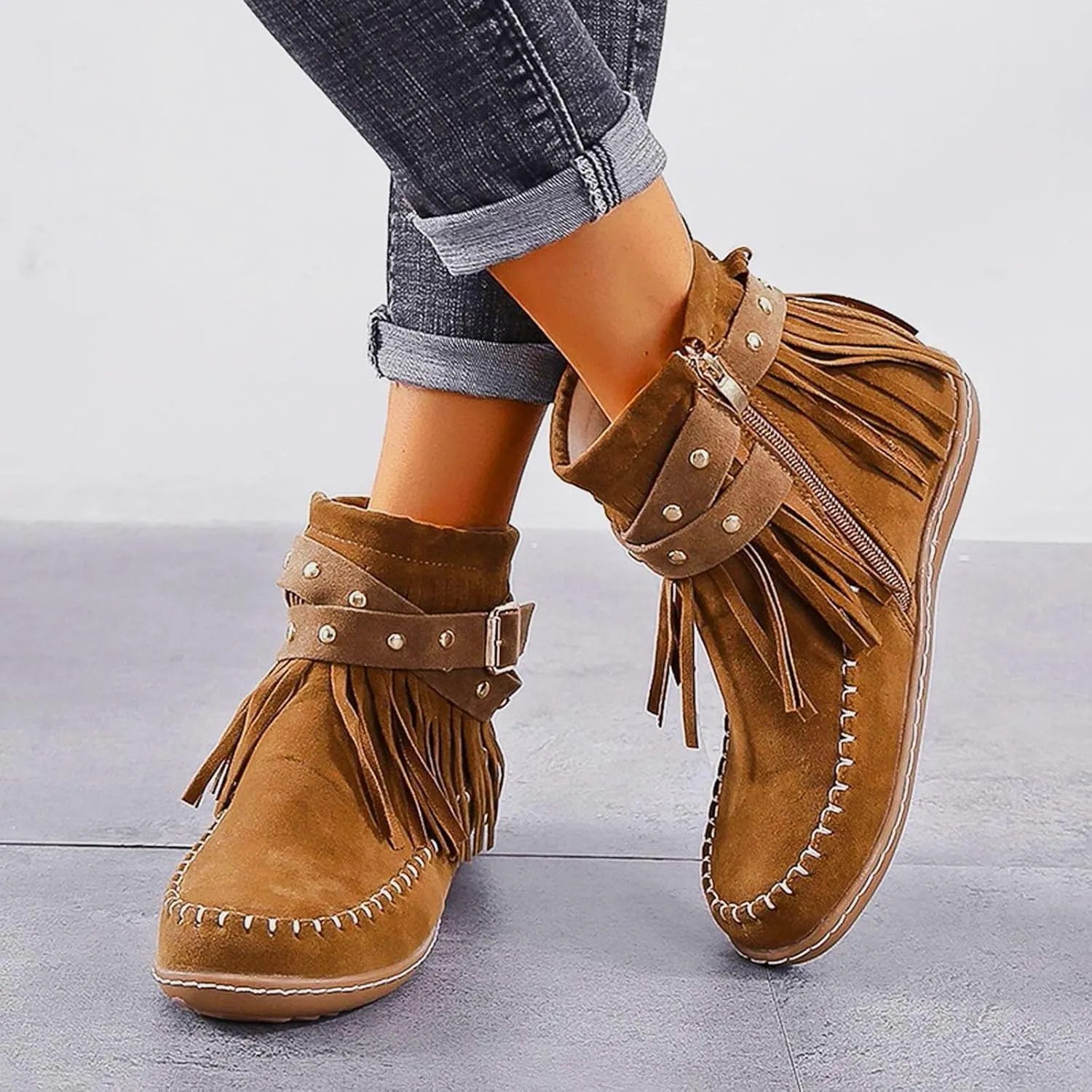 Cathalem Cowboy Boots for Women Fringe Western Cowgirl Ankle Boots Suede Tassel Boots Round Toe Flats Retro Winter Booties