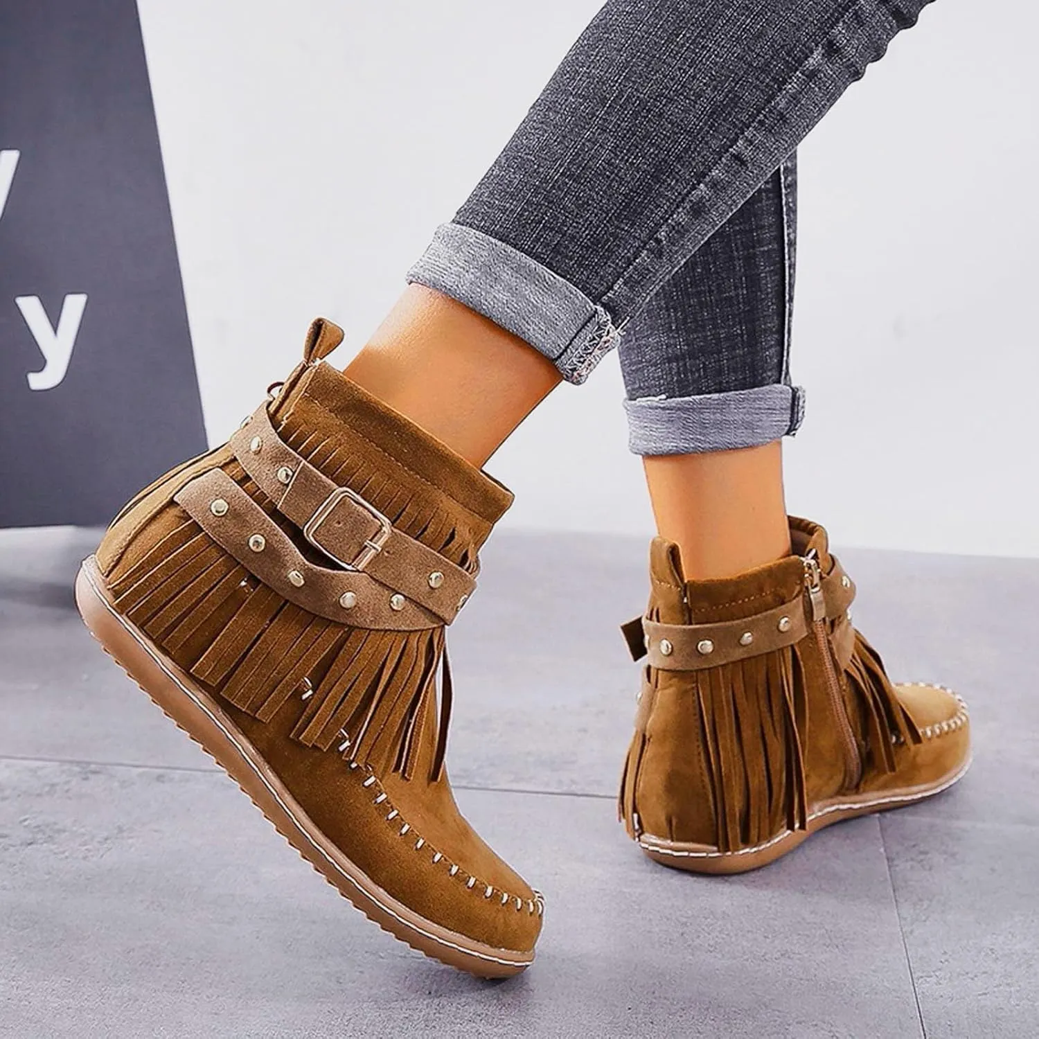 Cathalem Cowboy Boots for Women Fringe Western Cowgirl Ankle Boots Suede Tassel Boots Round Toe Flats Retro Winter Booties