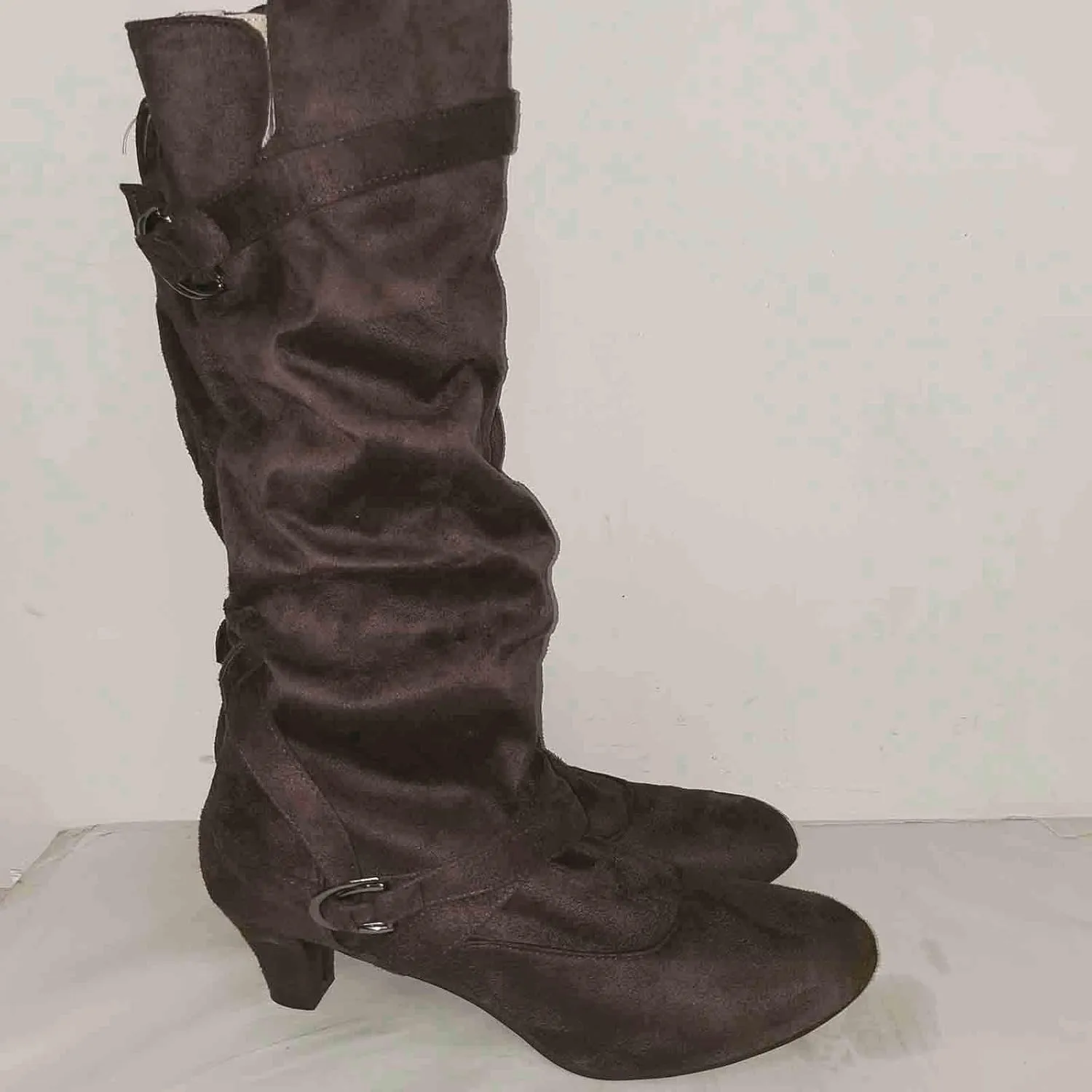 Combat Boots Womens Suede Cross Belt Thigh High Boots Low Heeled Pull On Knee High Boots Mid Calf Bootie