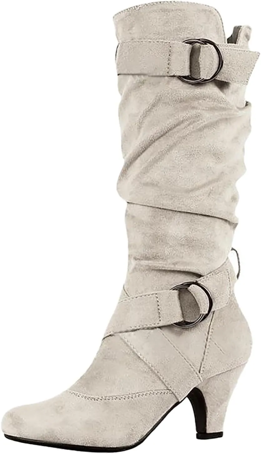 Combat Boots Womens Suede Cross Belt Thigh High Boots Low Heeled Pull On Knee High Boots Mid Calf Bootie