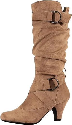 Combat Boots Womens Suede Cross Belt Thigh High Boots Low Heeled Pull On Knee High Boots Mid Calf Bootie