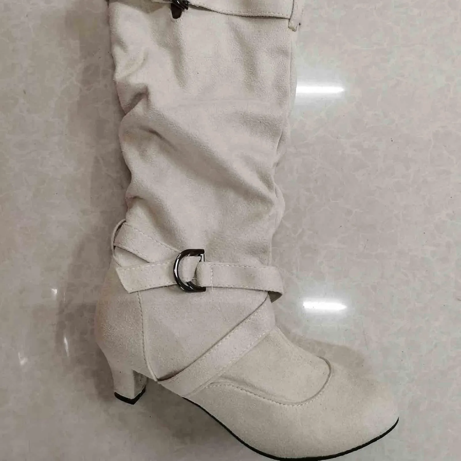 Combat Boots Womens Suede Cross Belt Thigh High Boots Low Heeled Pull On Knee High Boots Mid Calf Bootie
