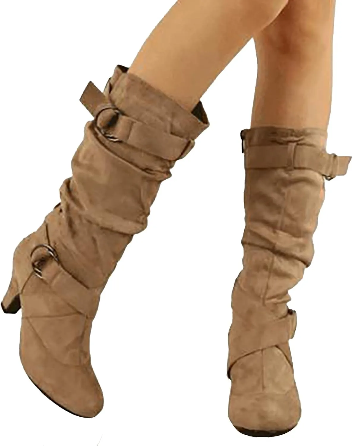 Combat Boots Womens Suede Cross Belt Thigh High Boots Low Heeled Pull On Knee High Boots Mid Calf Bootie