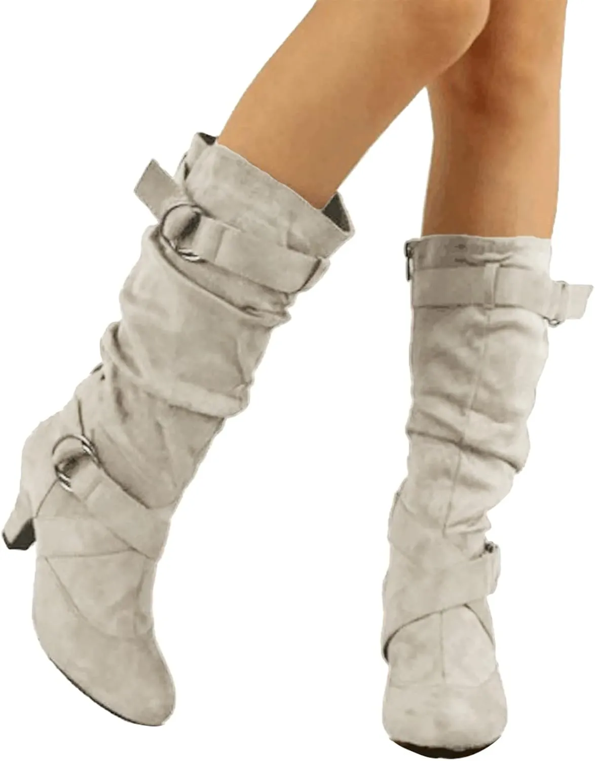 Combat Boots Womens Suede Cross Belt Thigh High Boots Low Heeled Pull On Knee High Boots Mid Calf Bootie