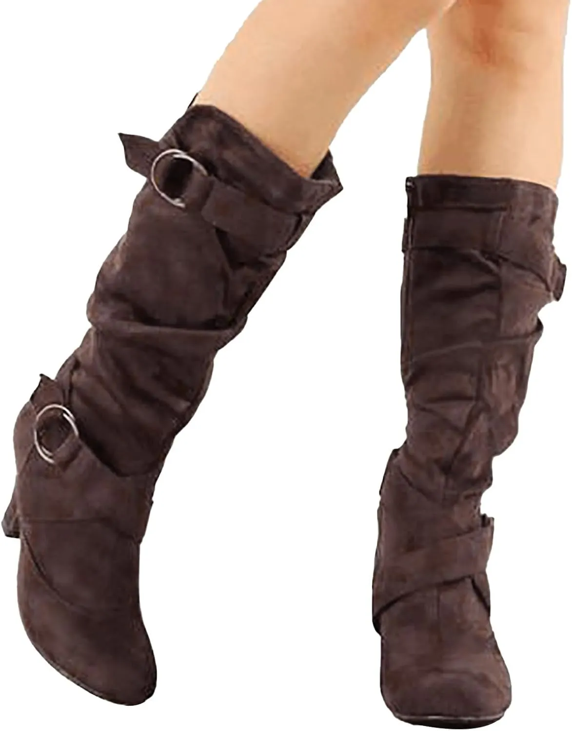 Combat Boots Womens Suede Cross Belt Thigh High Boots Low Heeled Pull On Knee High Boots Mid Calf Bootie