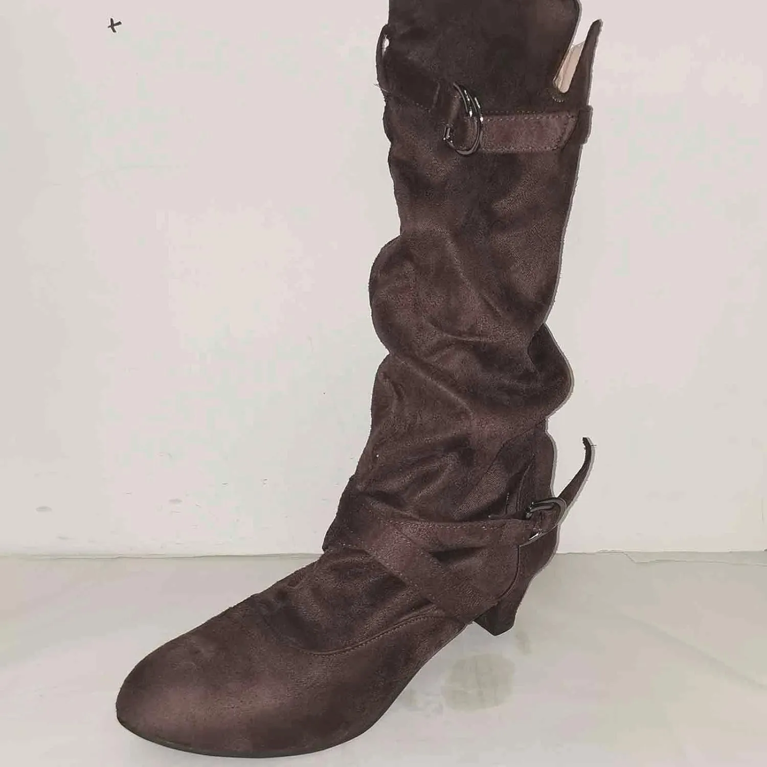 Combat Boots Womens Suede Cross Belt Thigh High Boots Low Heeled Pull On Knee High Boots Mid Calf Bootie