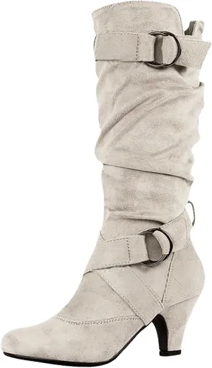 Combat Boots Womens Suede Cross Belt Thigh High Boots Low Heeled Pull On Knee High Boots Mid Calf Bootie