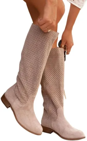 Cowboy Boots For Women Hollow Out Suede Flats Thigh High Boots Pull On Knee High Boots Mid Calf Fall Boots