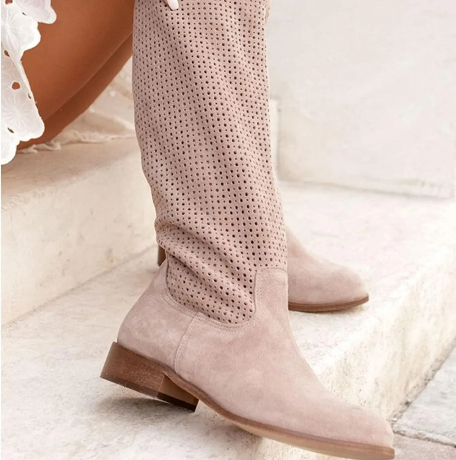 Cowboy Boots For Women Hollow Out Suede Flats Thigh High Boots Pull On Knee High Boots Mid Calf Fall Boots