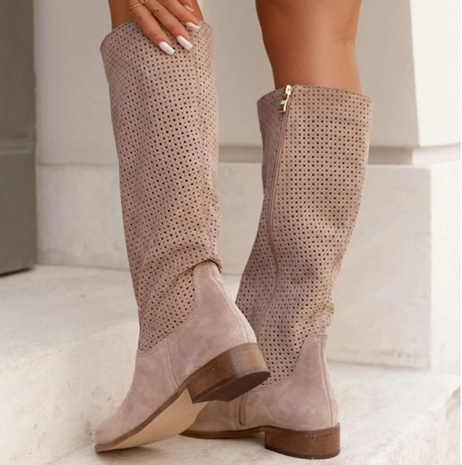 Cowboy Boots For Women Hollow Out Suede Flats Thigh High Boots Pull On Knee High Boots Mid Calf Fall Boots