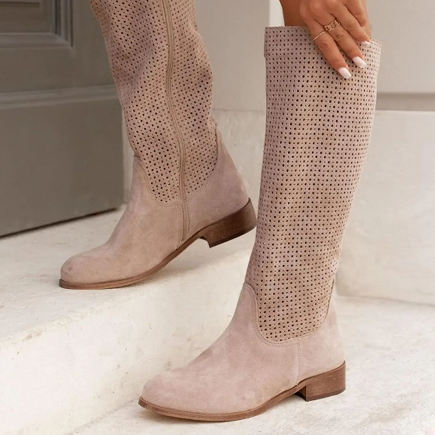 Cowboy Boots For Women Hollow Out Suede Flats Thigh High Boots Pull On Knee High Boots Mid Calf Fall Boots
