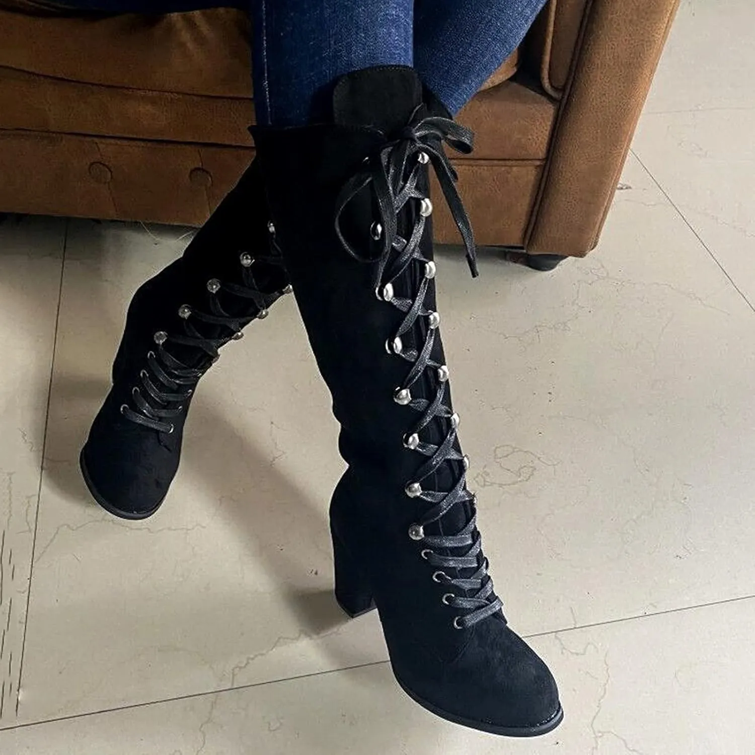 Cowboy Boots For Women Retro Vintage Lace-Up Thigh High Boots Suede Low Chunky Heels Knee High Long Boots