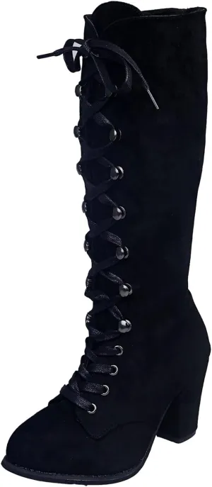 Cowboy Boots For Women Retro Vintage Lace-Up Thigh High Boots Suede Low Chunky Heels Knee High Long Boots