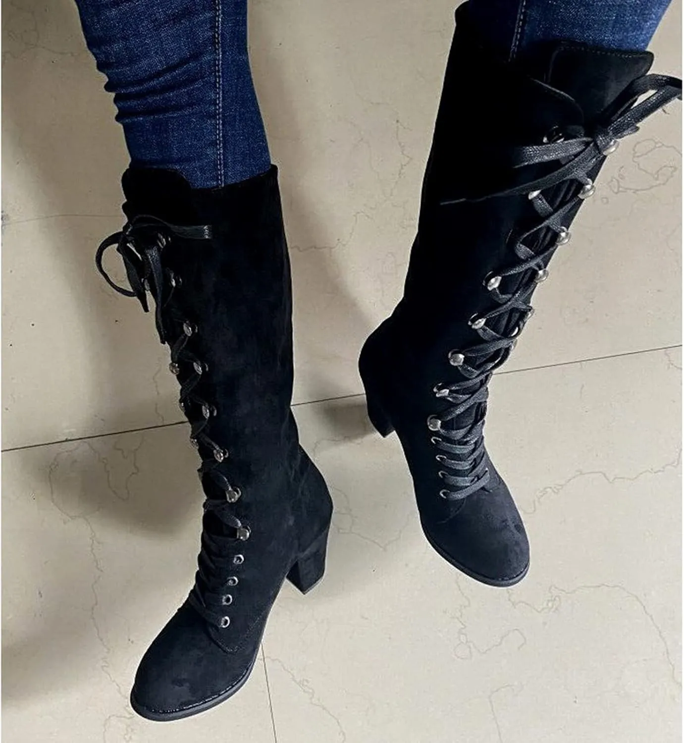 Cowboy Boots For Women Retro Vintage Lace-Up Thigh High Boots Suede Low Chunky Heels Knee High Long Boots