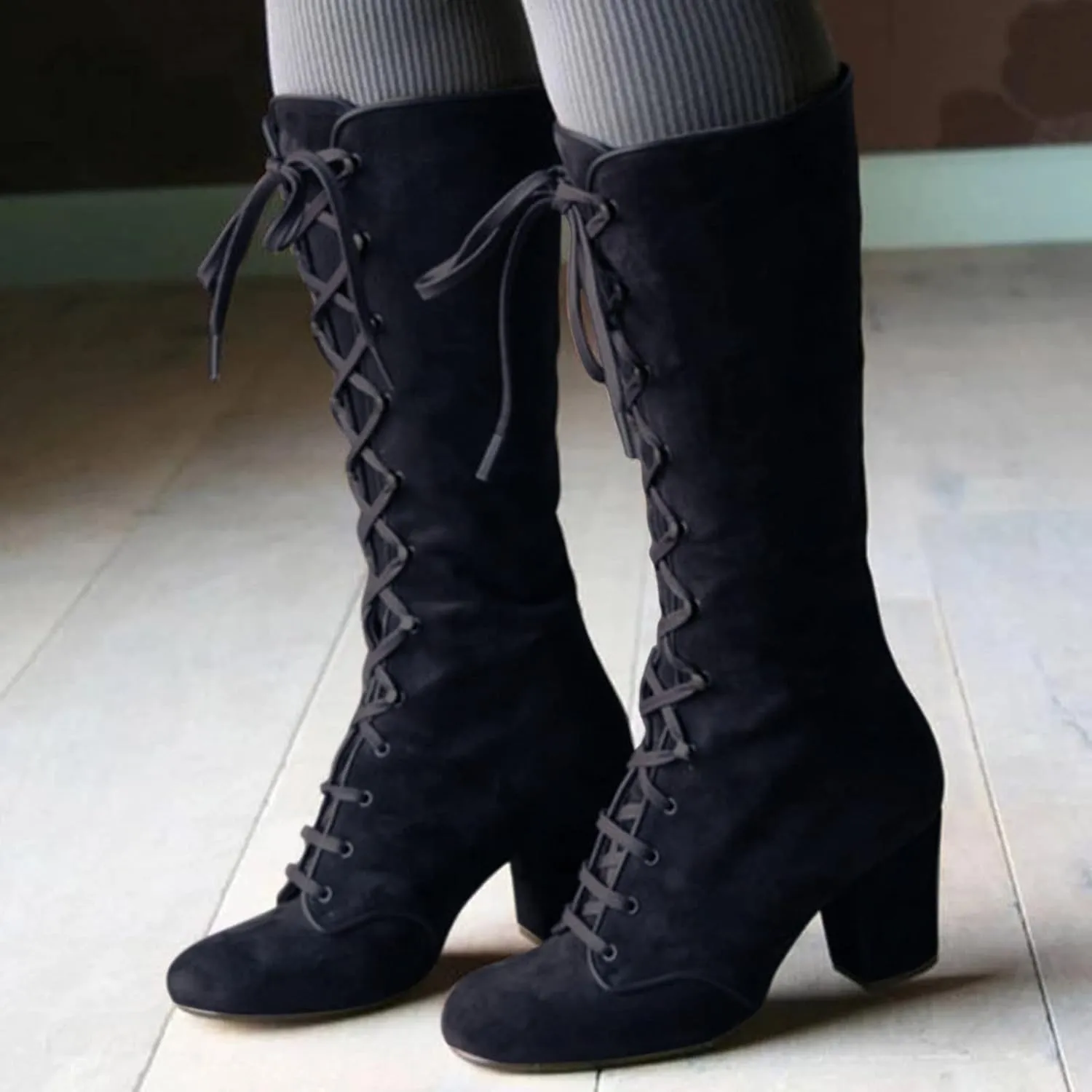 Cowboy Boots For Women Retro Vintage Lace-Up Thigh High Boots Suede Low Chunky Heels Knee High Long Boots