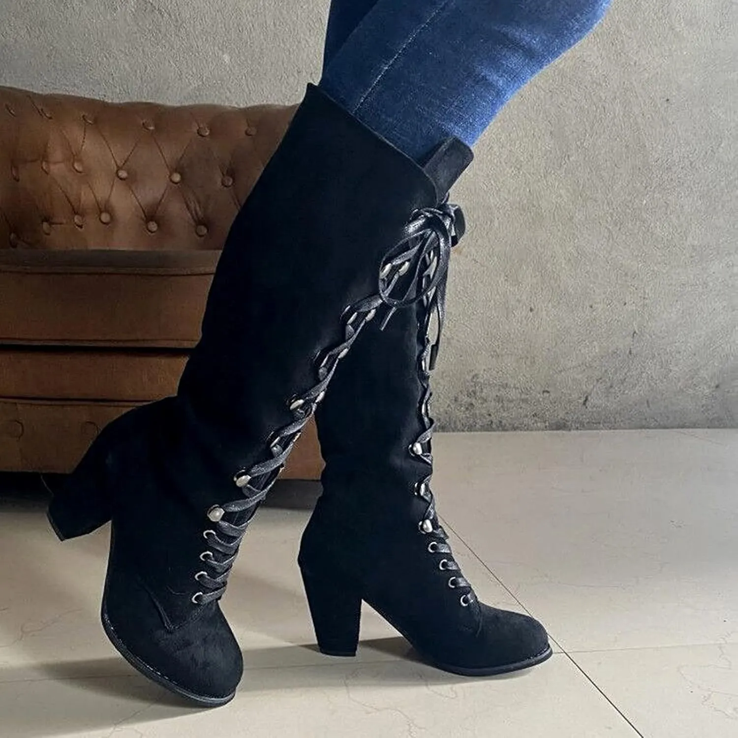 Cowboy Boots For Women Retro Vintage Lace-Up Thigh High Boots Suede Low Chunky Heels Knee High Long Boots