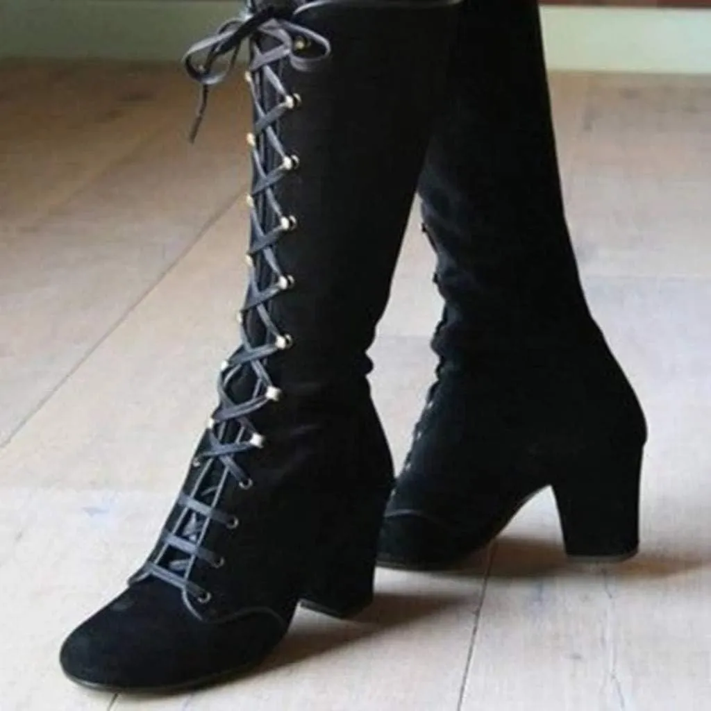 Cowboy Boots For Women Retro Vintage Lace-Up Thigh High Boots Suede Low Chunky Heels Knee High Long Boots