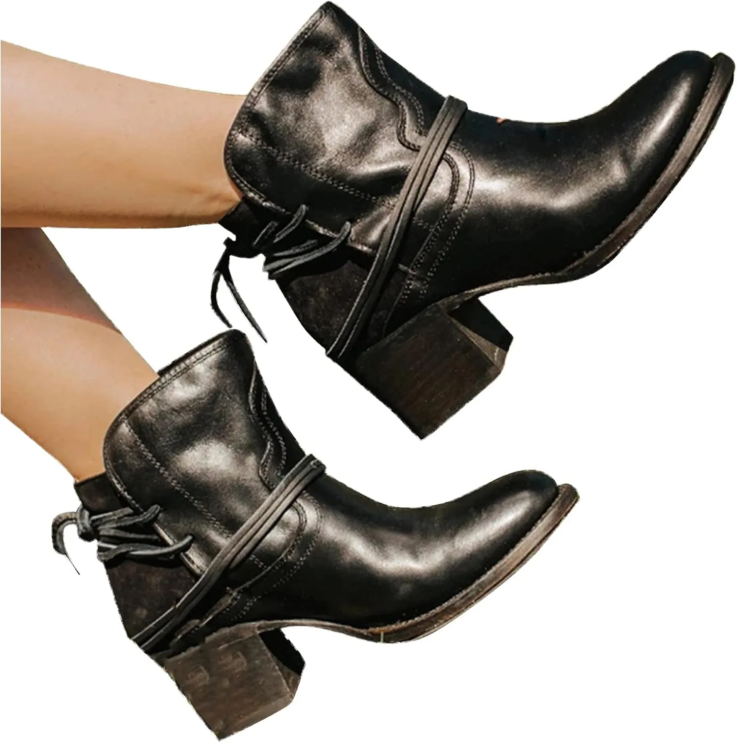 Cowboy Boots for Women Western Cowgirl Ankle Booties Vintage Casual Suede Lace Up Shoes Chunky Heel Fall Dress Short Boots