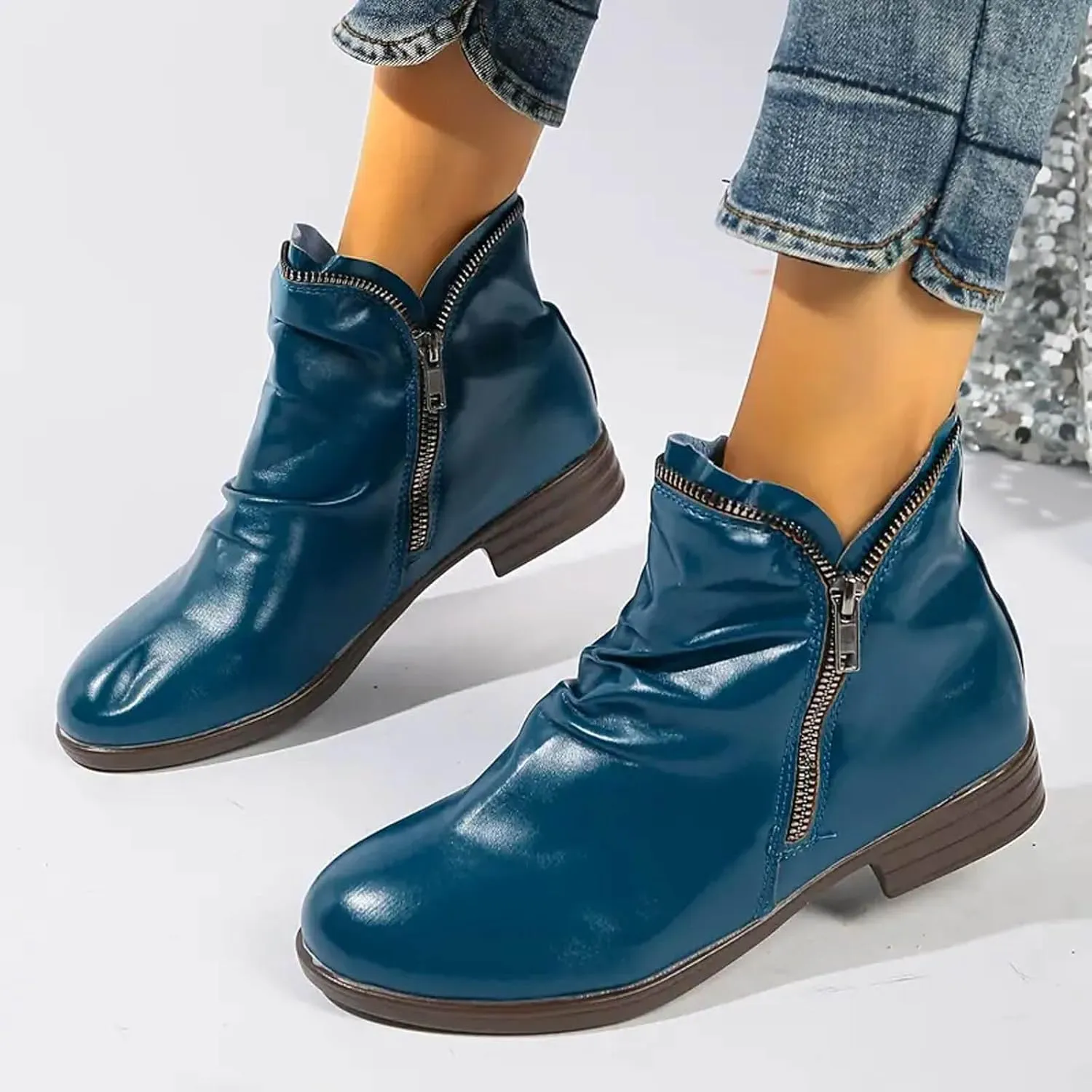 Cowboy Boots for Women Women's Ankle Retro Slouchy Casual Booties Zip V Cut Low Heel Short Cowgirl Ethnic Riding Western Boots