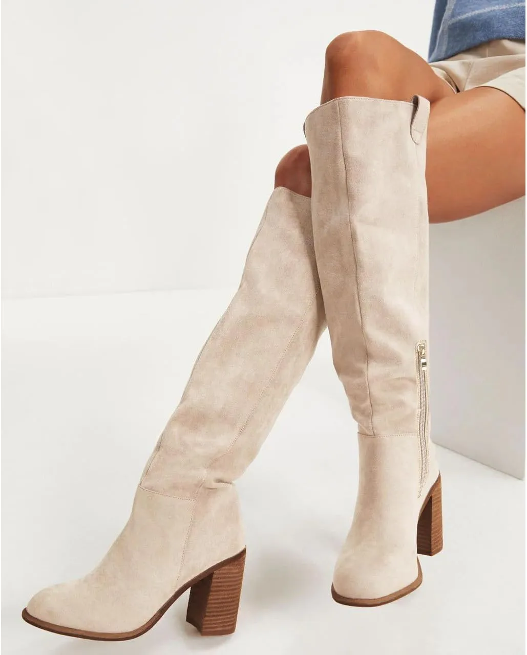 Erocalli Suede Knee-High Boots Fall Boot For Women Chunky Block High Heel Slouch Fashion Boot Round Toe Side Zipper…