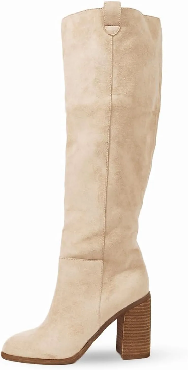 Erocalli Suede Knee-High Boots Fall Boot For Women Chunky Block High Heel Slouch Fashion Boot Round Toe Side Zipper…