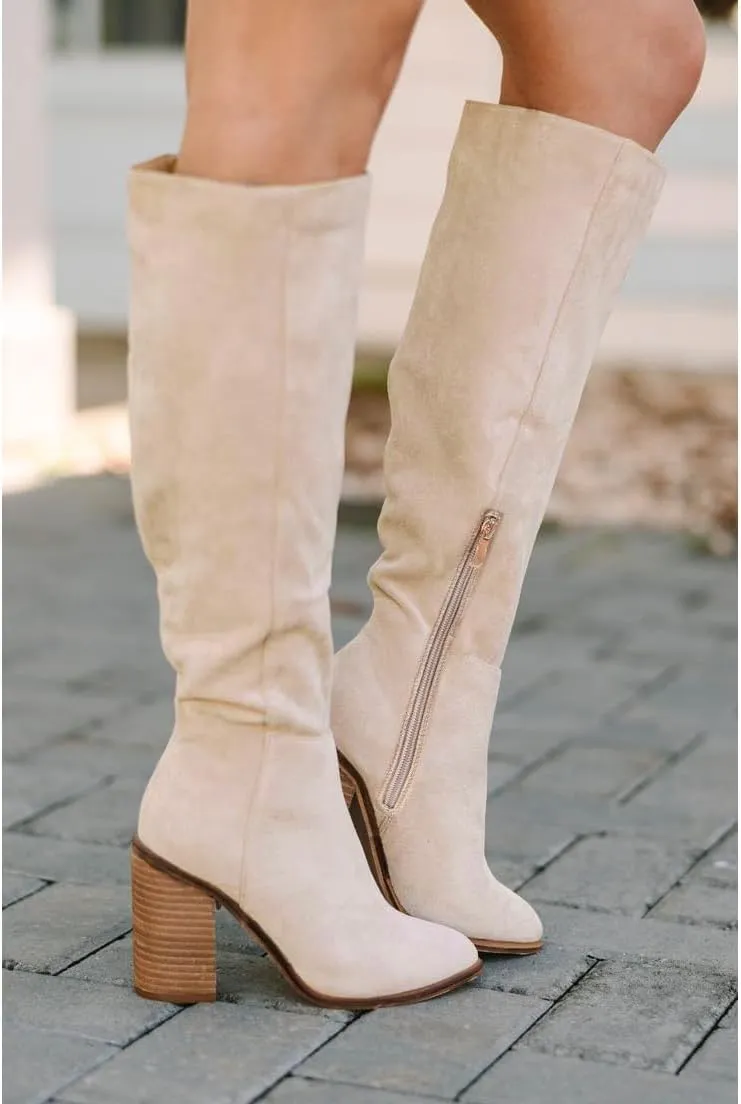 Erocalli Suede Knee-High Boots Fall Boot For Women Chunky Block High Heel Slouch Fashion Boot Round Toe Side Zipper…