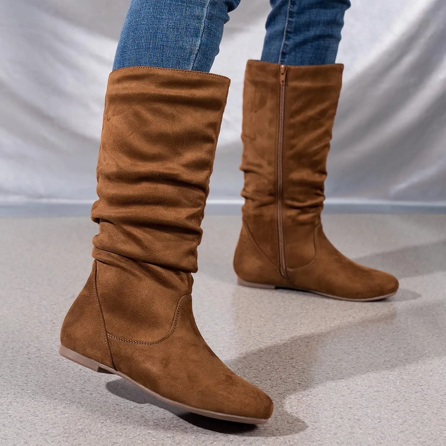 Hiking Boots Women Retro Side Zipper Flats Thigh High Boots Pleated Suede Knee High Boots Fall Long Bootie