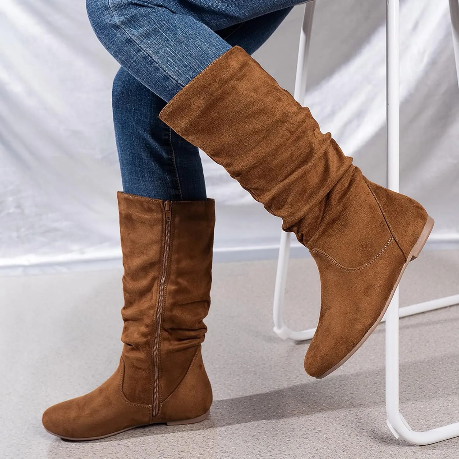 Hiking Boots Women Retro Side Zipper Flats Thigh High Boots Pleated Suede Knee High Boots Fall Long Bootie