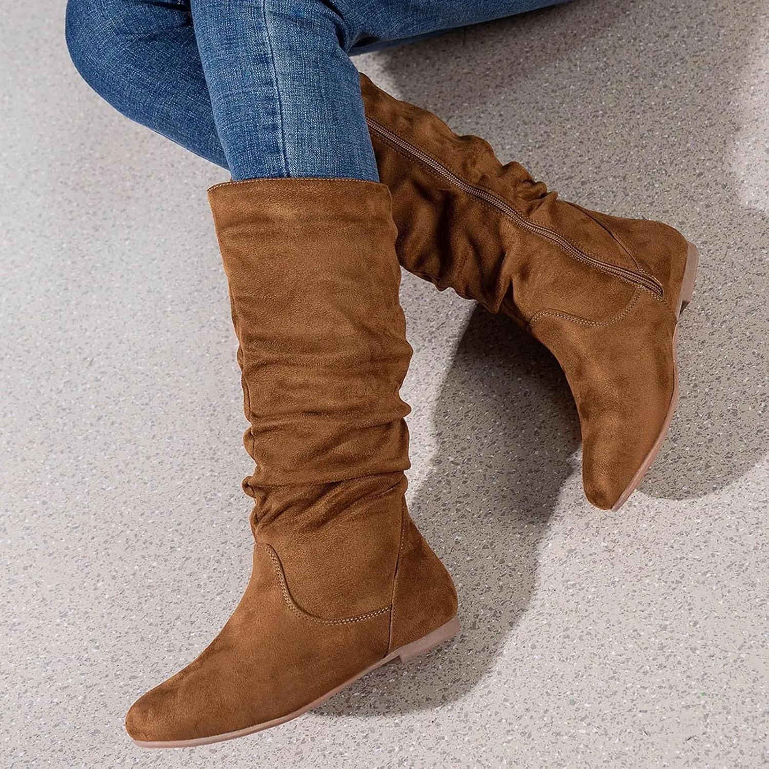 Hiking Boots Women Retro Side Zipper Flats Thigh High Boots Pleated Suede Knee High Boots Fall Long Bootie