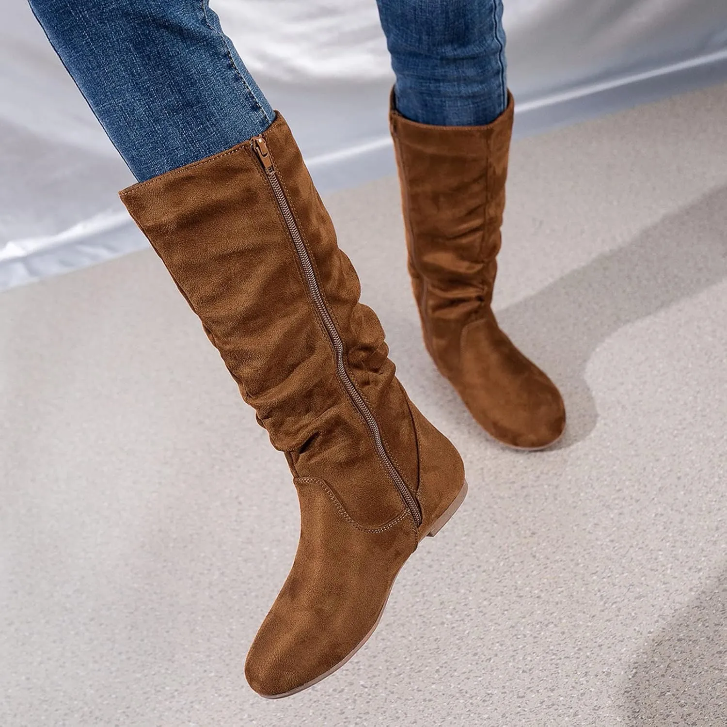 Hiking Boots Women Retro Side Zipper Flats Thigh High Boots Pleated Suede Knee High Boots Fall Long Bootie