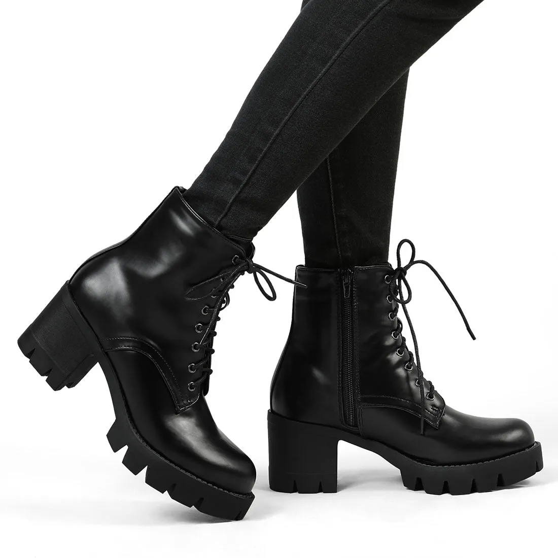 Lace Up Decor Side Zipper Platform Chunky Heel Combat Boots